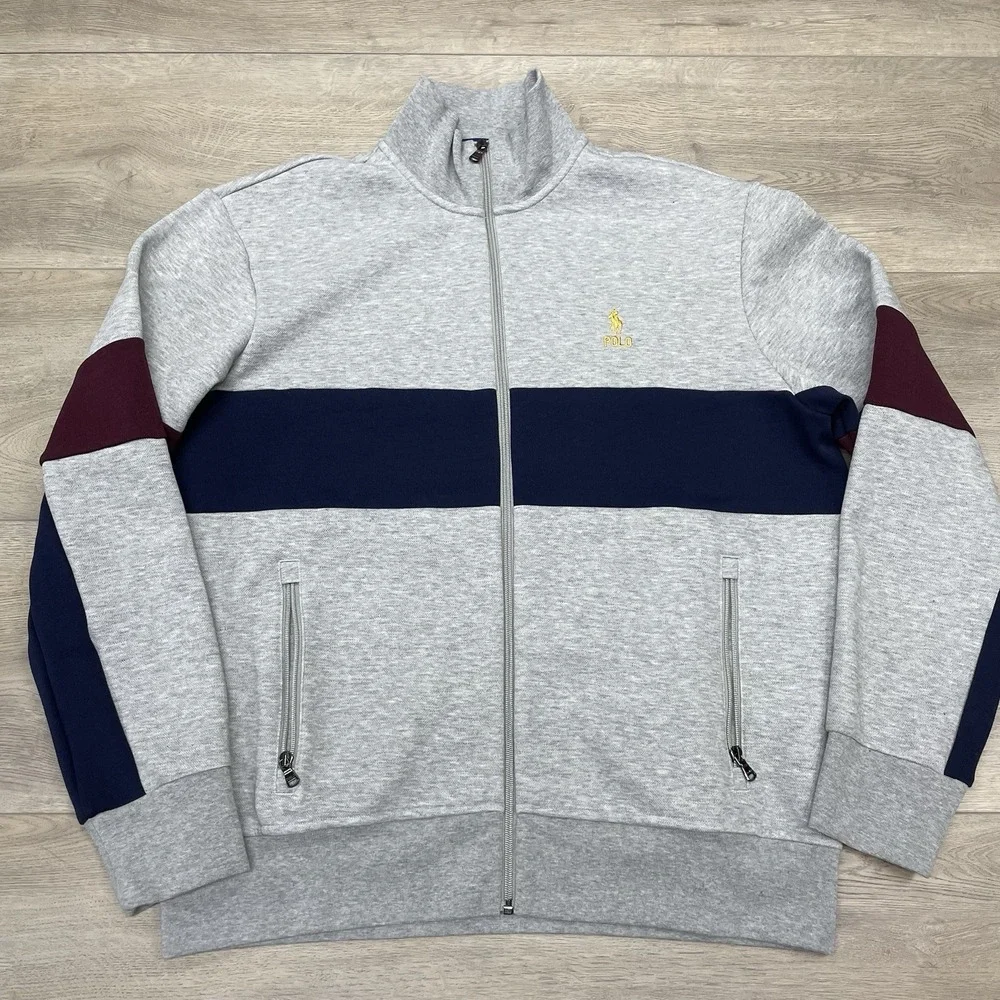 Polo Ralph Lauren Double Knit Track Jacket Men's Sz L Gray Striped Pony